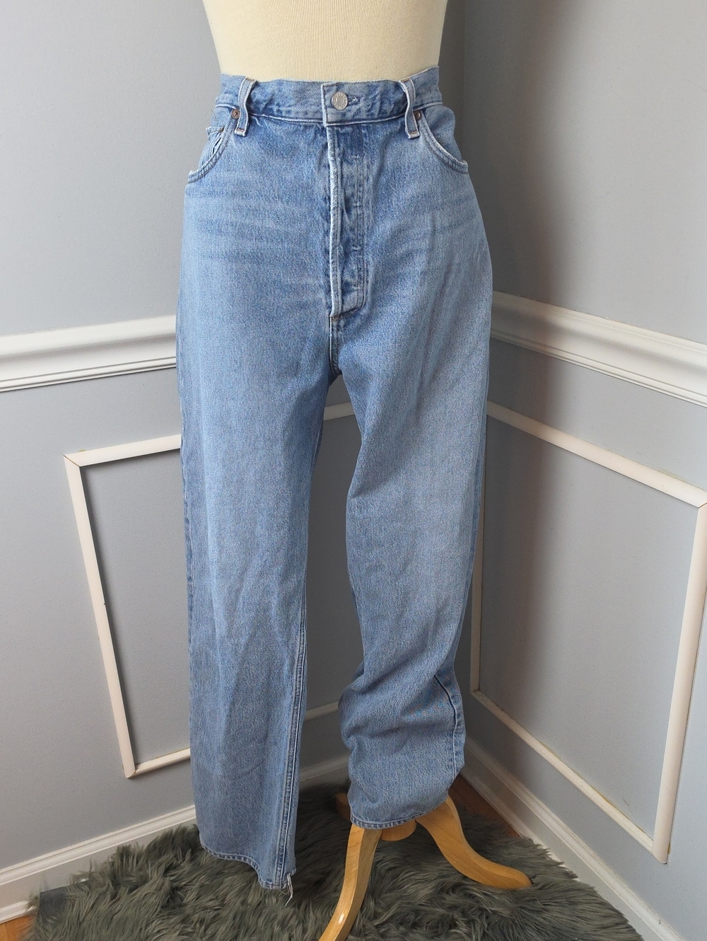 AGOLDE 90s Pinch Waist Distressed Straight Leg Light Wash Designer Jeans 34
